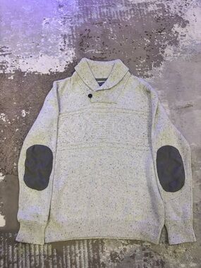 Chaps Cream Shawl Collar Turtleneck Sweater with Brown Elbow Patches